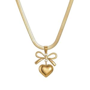 Gold-Plated Heart and Bow Pendant Necklace, Fashion Jewelry for Women Search this page
