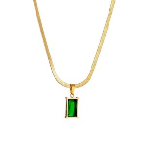 Gold-Plated Snake Chain Necklace with Green Rectangle Pendant