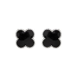 Metal Rhodium Tone Black Enamel Plus Stud Earrings For Girl's