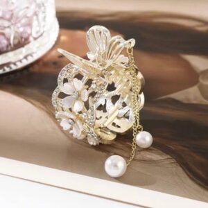 ROSE AND PEARL HAIR CLIP WITH CHAIN AND PEARL TASSEL