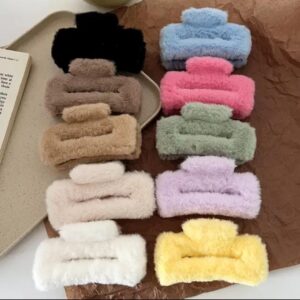 Winter Plush Hair Claw Clips -Fuzzy, Cute Square Faux Fur Barrettes for Women & Girls